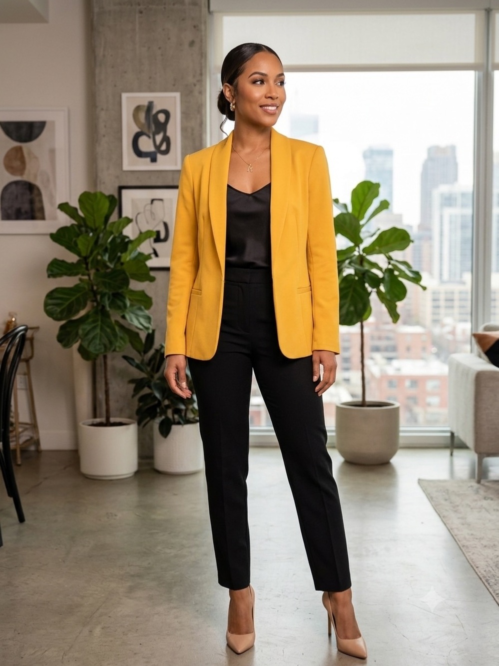 bebe Mustard Yellow Blazer with Black Trousers